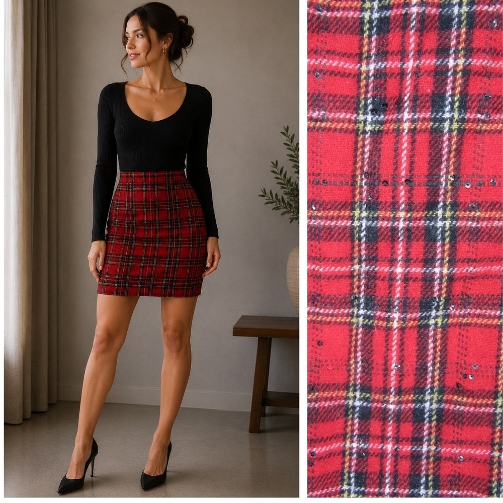 Talbots Plaid Skirt Sz 4‎ Red Tartan Sequin Accents Festive Academia Preppy Chic
